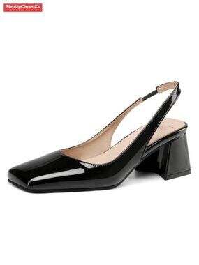 Women's Slingback Block Heel Square Toe Pumps PU